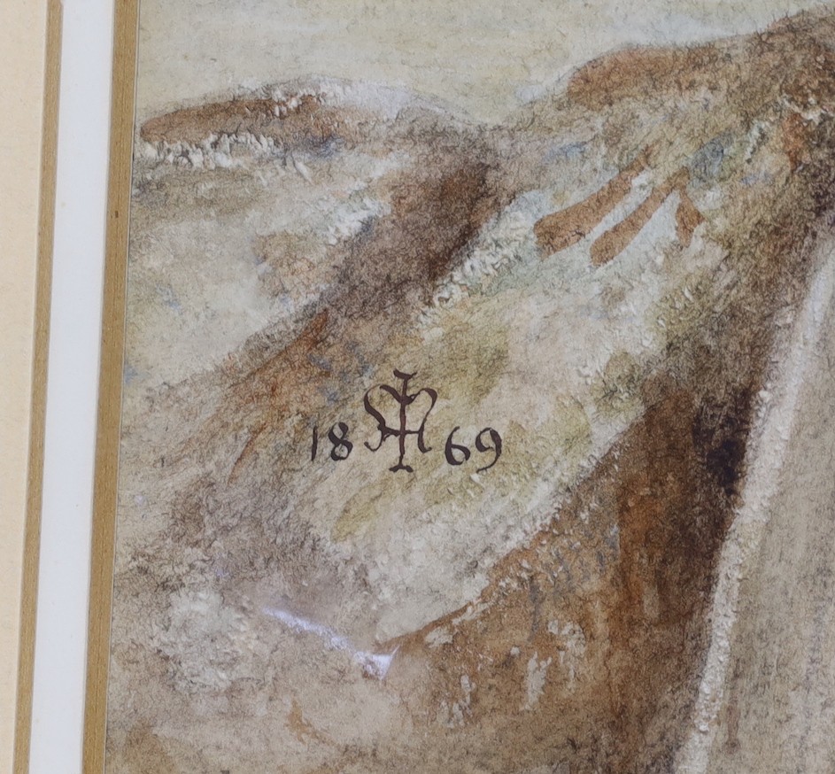 Victorian School, watercolour, woman beside the seashore, monogrammed and dated 1869, 45 x 30cm
